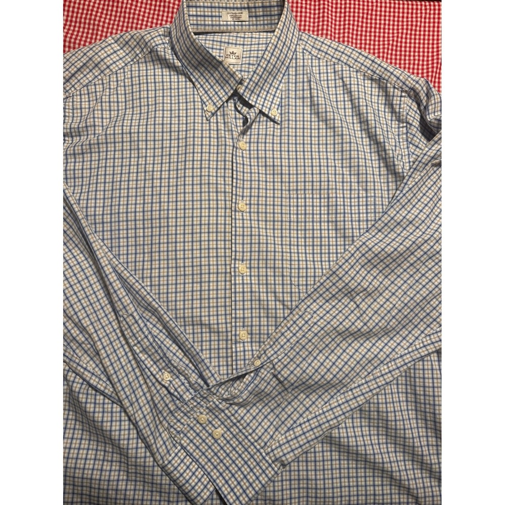 Peter Millar Mens Extra Large Button Down Shirt Blue‎ Plaid Long Sleeve Casual
